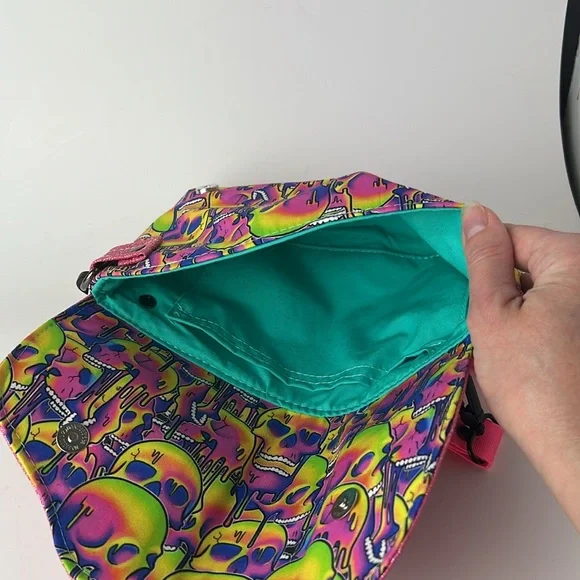 Skull Neon Pink Glitter Drippy Psychedelic Crossbody Bag with Strap - Picture 12 of 12
